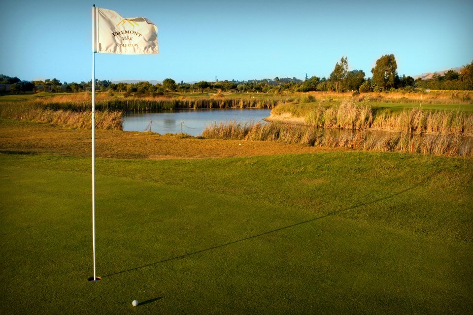 golf flag with water hazards in the close background
